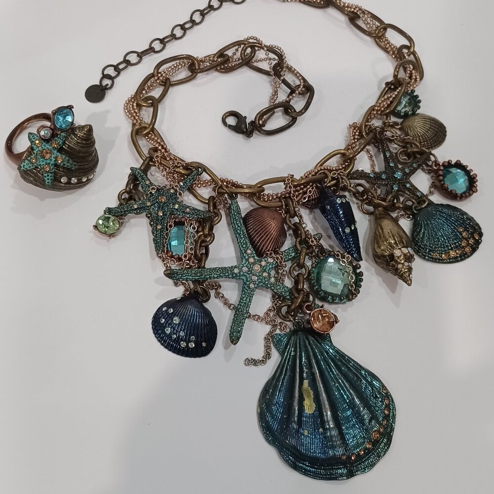 Mermaid Shell Necklace with Ring Set Brass Color